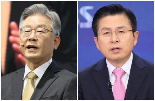 이재명(왼쪽) 더불어민주당 대선 후보와 황교안 전 미래통합당(국민의힘 전신) 대표. 연합뉴스